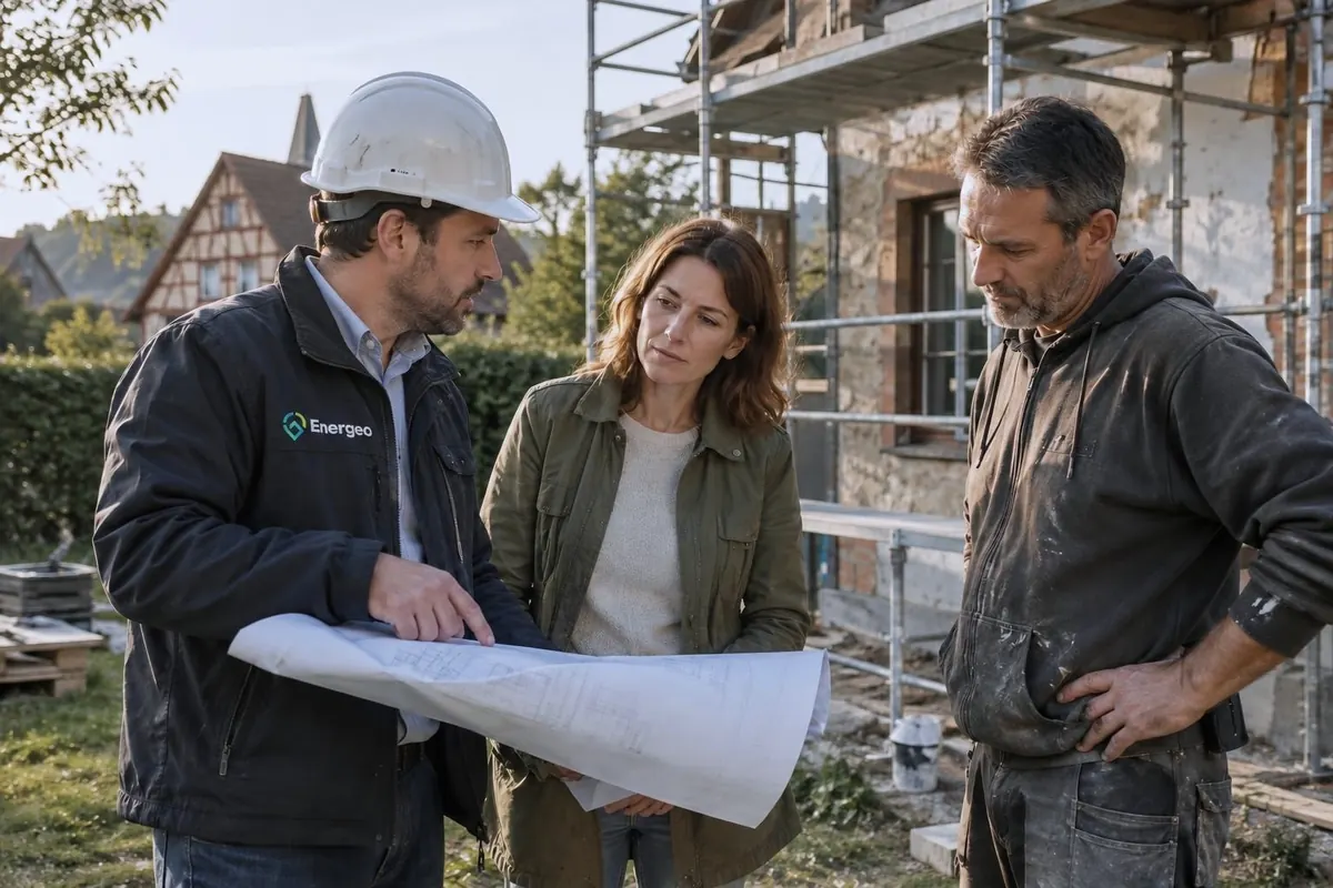 Réunion de chantier entre un ingénieur, une propriétaire et un artisan