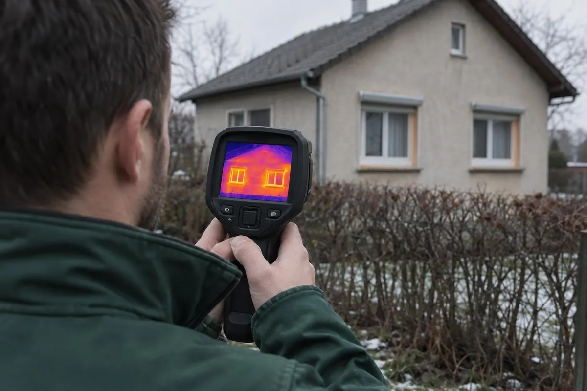Caméra thermique pointée sur un pavillon en hiver, image infrarouge à l'écran