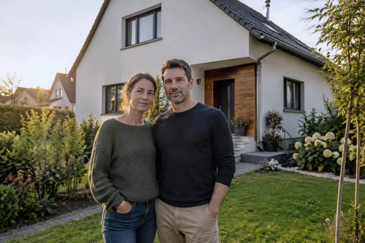 Couple de propriétaires devant leur maison rénovée
